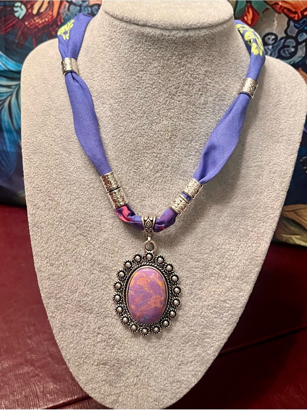 Purple Copper Turquoise Bandana Pendant Necklace with Silver Accents